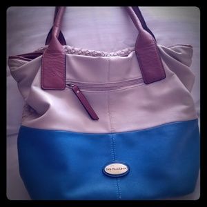 Large leather teal & cream bag